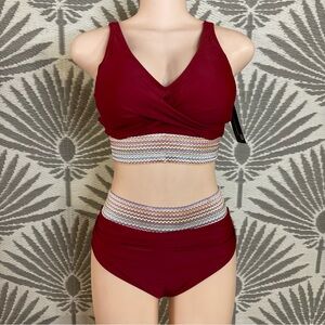 High Waisted Bikini Smocked Waist V Neck Swimsuit Size M Red NWT